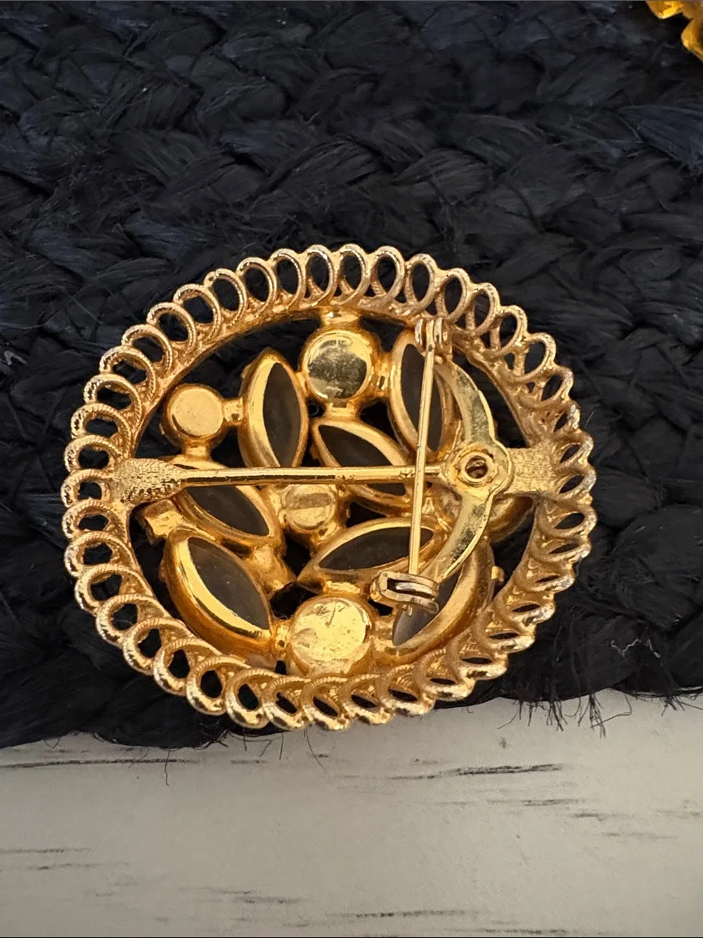 Gold-Tone Brooch with Frosted Opal Marquise Stones and Aurora Rhinestones
